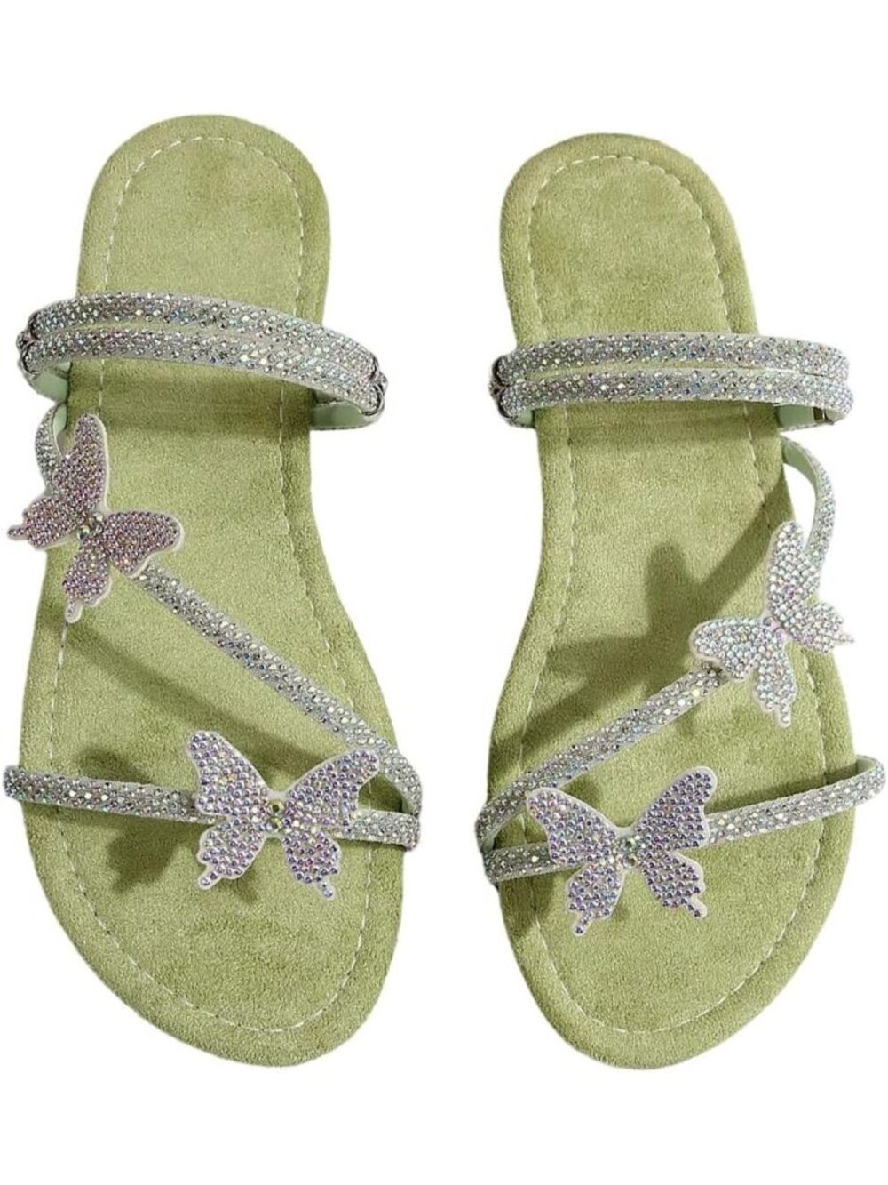 Women's Green Flat Loafers Sparkly Butterfly Strappy Open Toe Elegant Slides